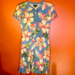 American Living Tropical Floral Blue Tee Shirt Dress Lace Up Front Short Sleeve